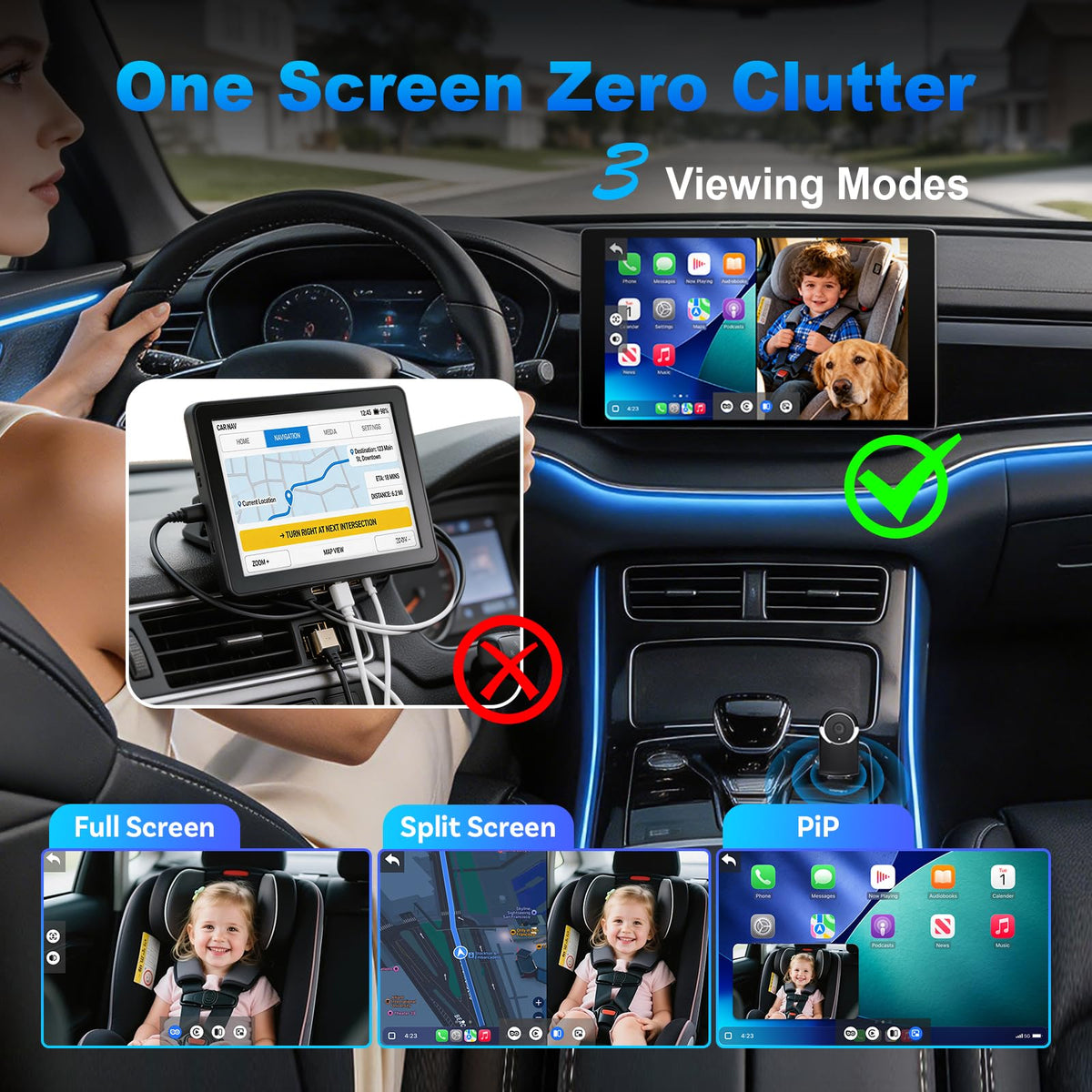 Baby Car Camera with Wireless CarPlay Adapter, 1080P HD, IR Night Vision, 150° Wide-Angle C3167