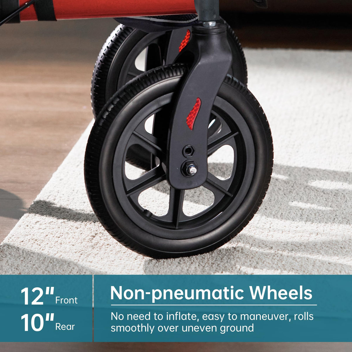 All-Terrain Rollator Walker with Seat, 12” Non-Pneumatic Tire Front Wheels, Compact Folding, Red P8170
