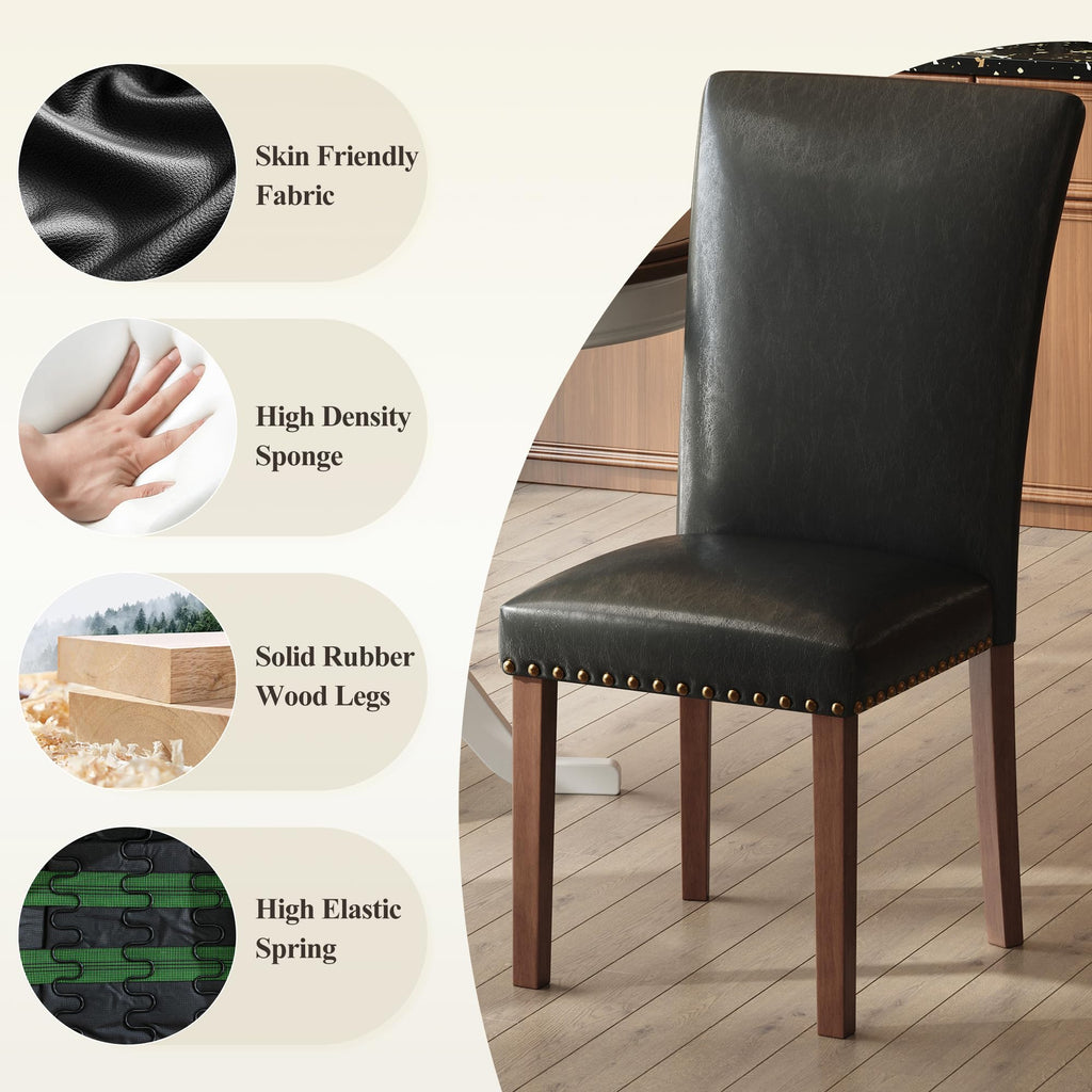 Black Leather Dining Chairs Set of 2 with Wood Legs M5903