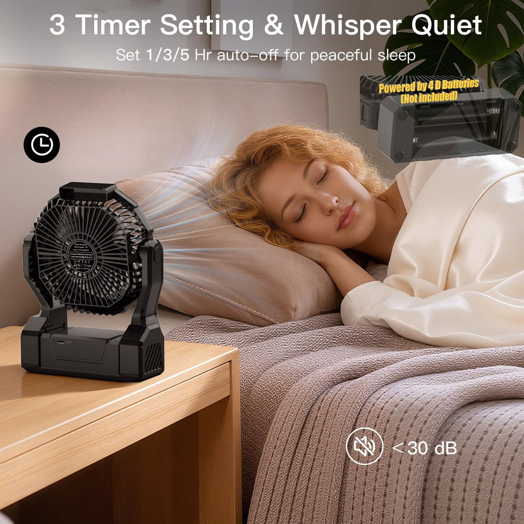 Battery Operated Portable Fan with 4 Speeds, 3 Timers & 2 Light Modes, Black N649