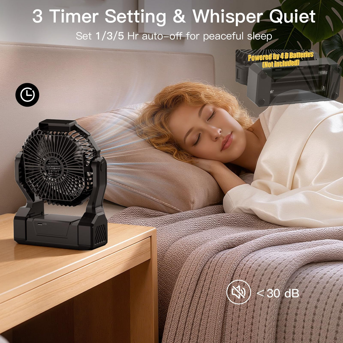 Battery Operated Portable Fan with 4 Speeds, 3 Timers & 2 Light Modes, Black N649
