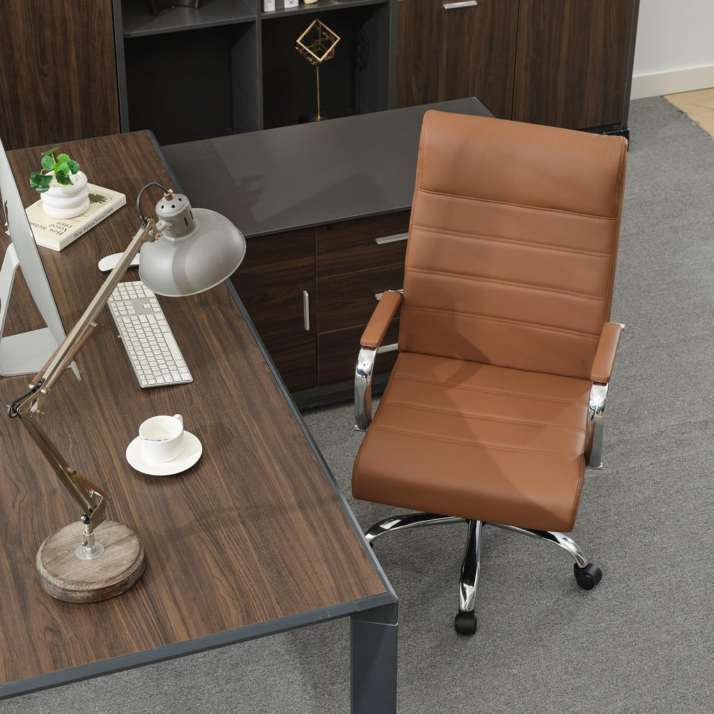 Brown Leather High Back Office Chair with Armrest X572538