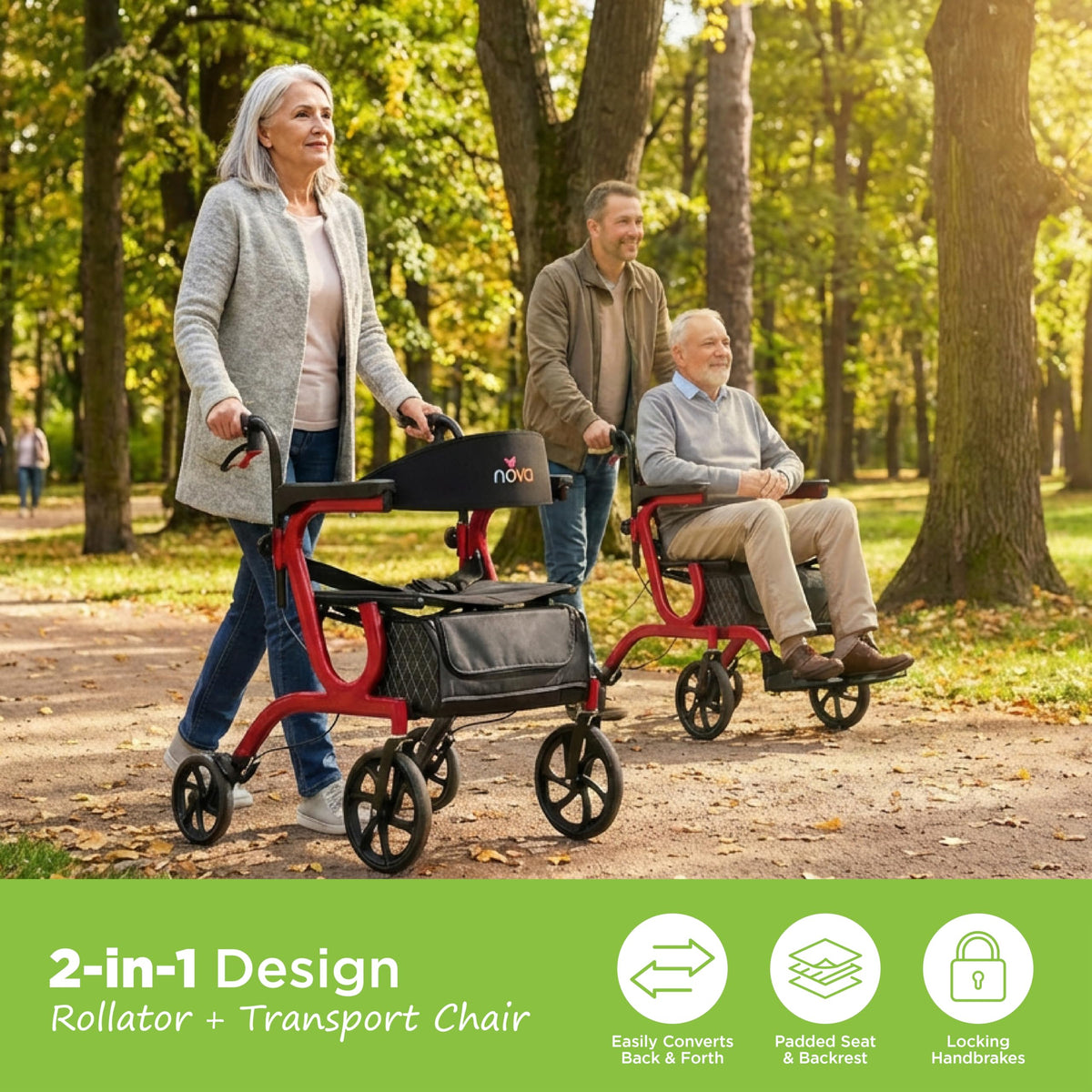 2-in-1 Rollator & Transport Wheelchair with Seat, Red U13484