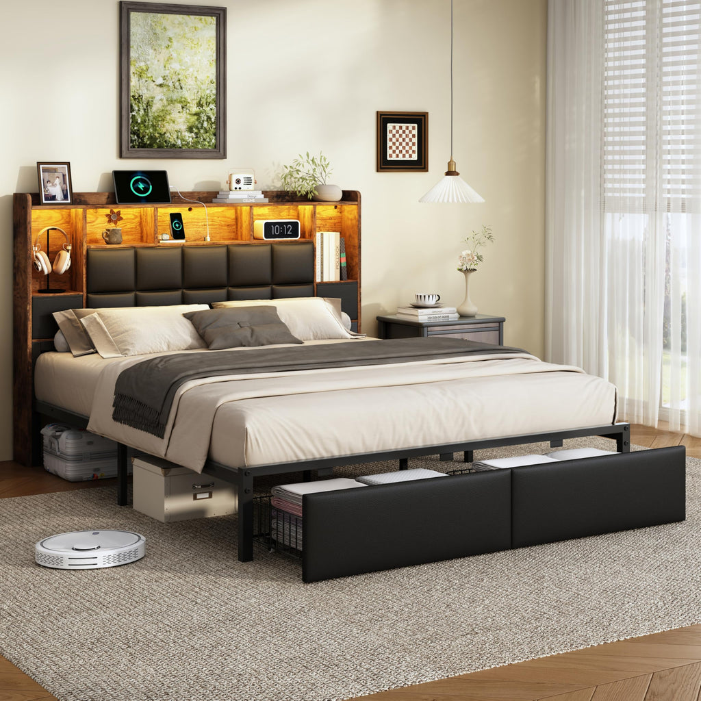 Full Size Platform Bed Frame with LED Light and Charging Station, Black I9300
