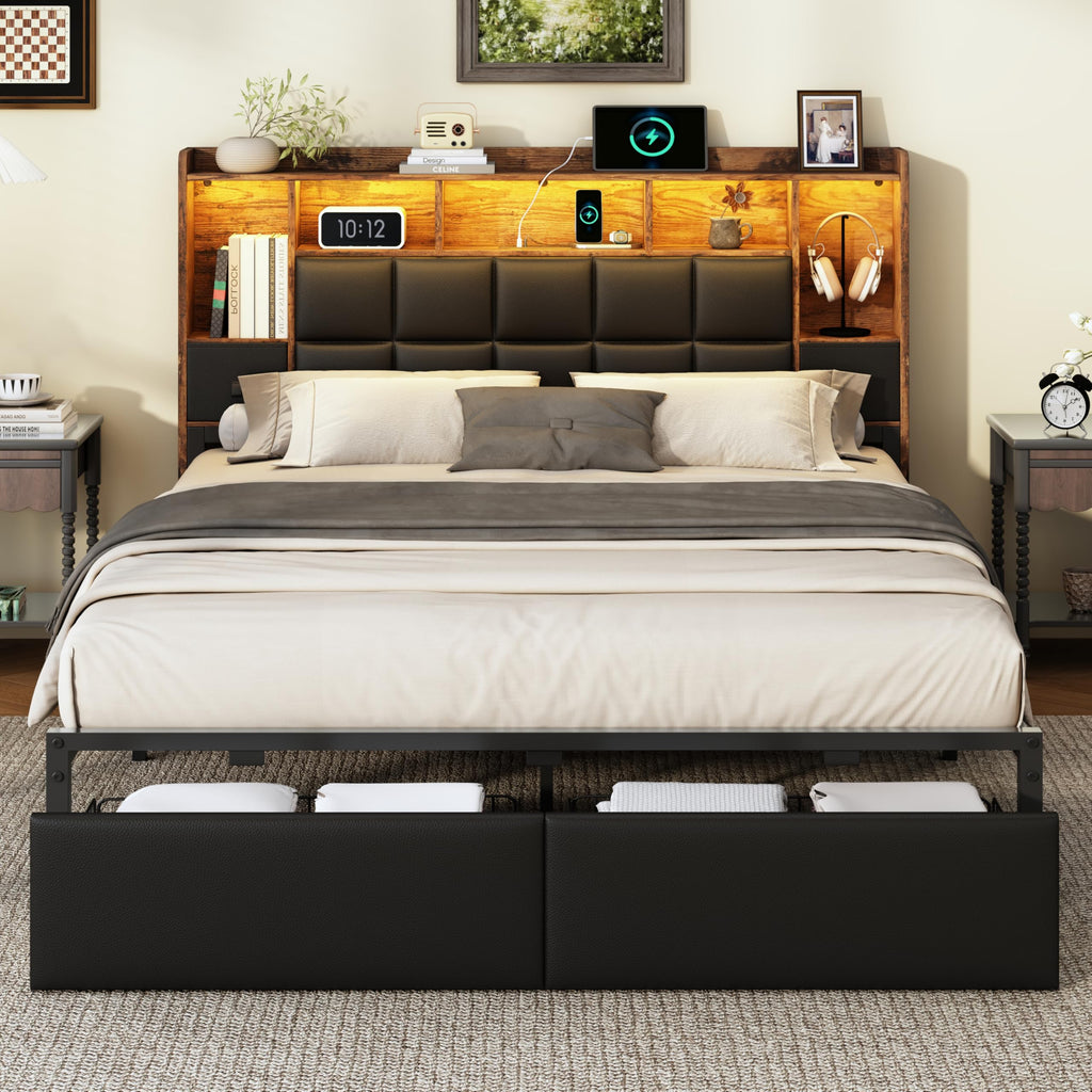 Full Size Platform Bed Frame with LED Light and Charging Station, Black I9300