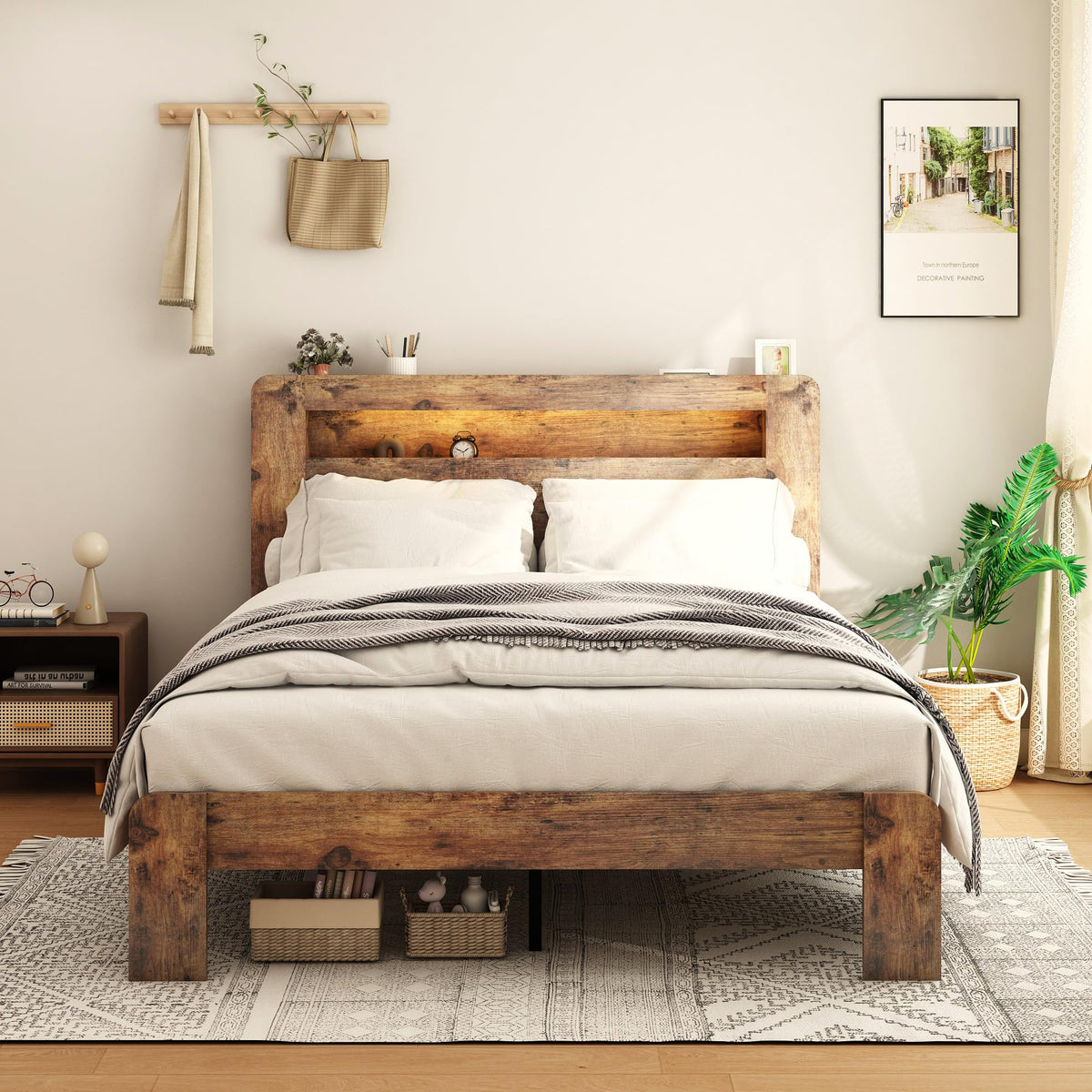 Full Size Dark Brown Wood Platform Bed Frame with Storage N233379